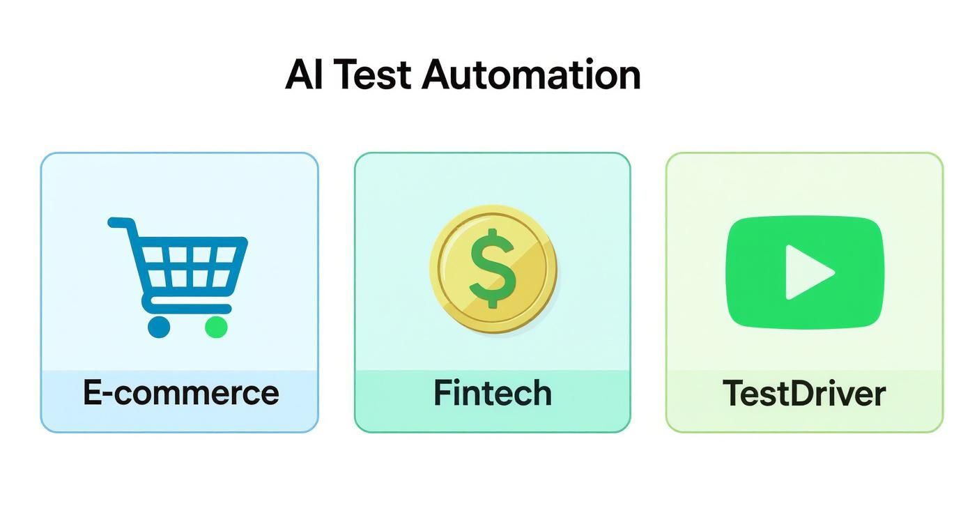 AI Test Automation interface showing three categories: E-commerce with shopping cart, Fintech with dollar coin, and TestDriver with play button