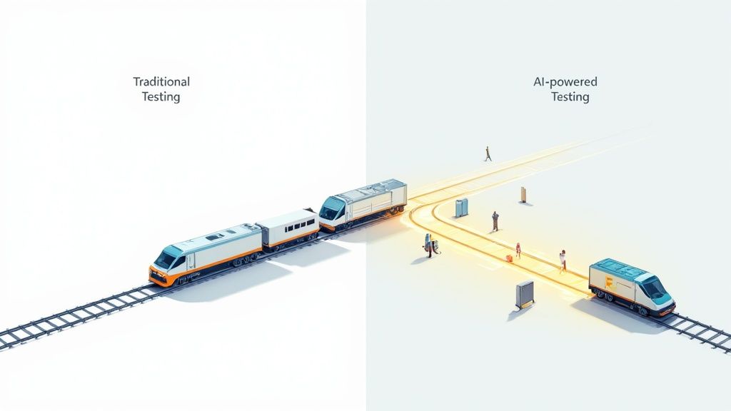 Traditional linear testing (long train) contrasted with AI-powered, dynamic testing (short train on branching paths).