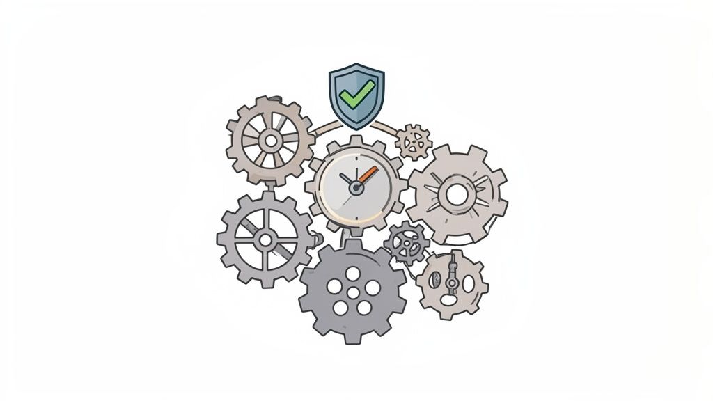 An illustration of interconnected gears, a clock, and a security shield, highlighting reliable automated processes.