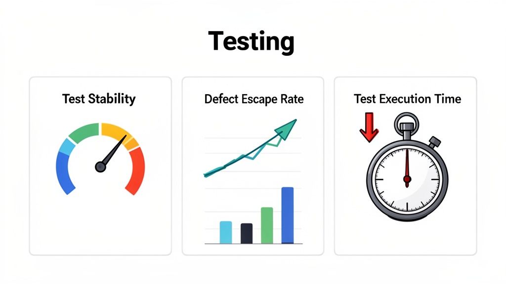 A presentation slide illustrating three key testing metrics: Test Stability, Defect Escape Rate, and Test Execution Time.