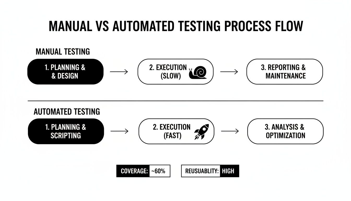 Process flow diagram comparing manual and automated software testing, showing phases, speed (snail vs rocket), and reusability.