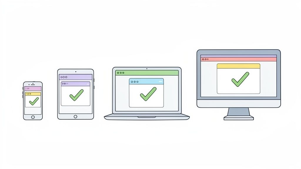 Four devices from smartphone to desktop show a green checkmark in browser windows, indicating responsive design.