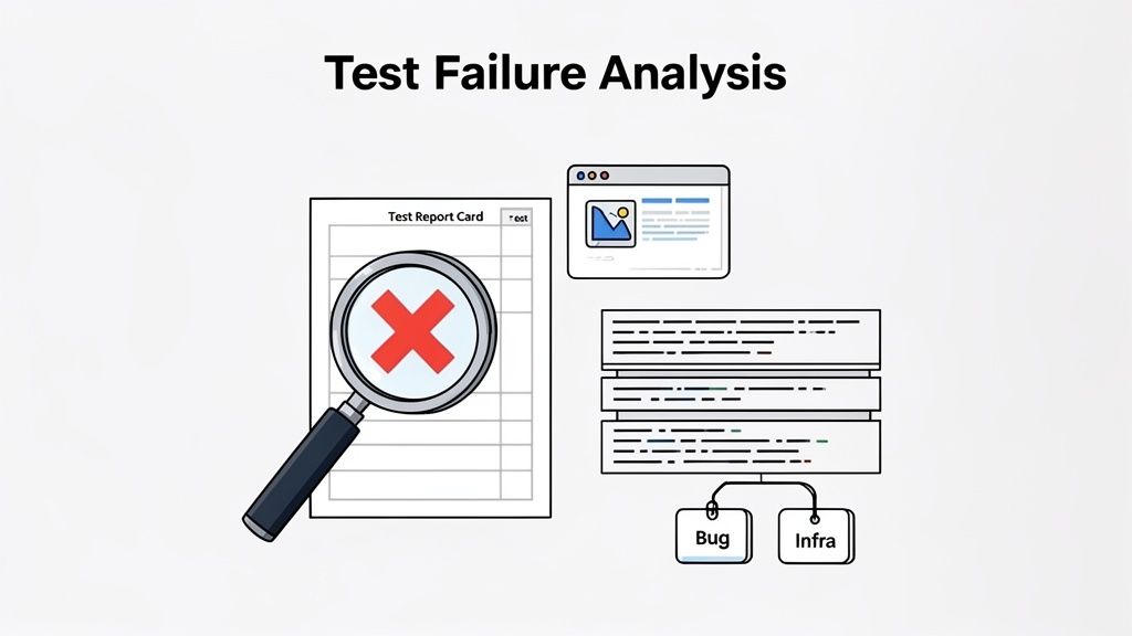 Illustration showing test failure analysis with a report card, magnifying glass, code, and bug/infra tags.