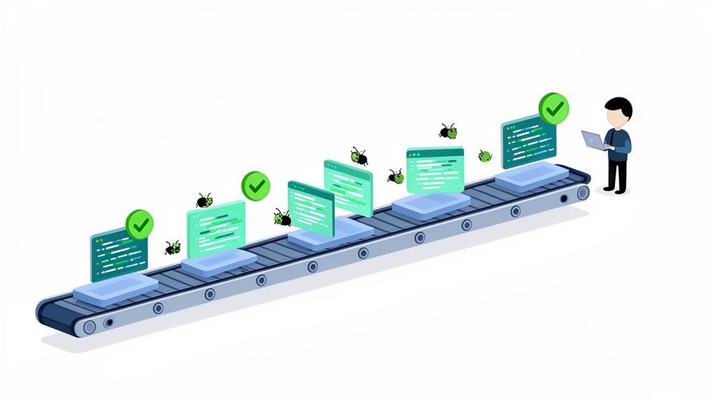 A conveyor belt showing code screens, software bugs, and a developer overseeing automated testing.