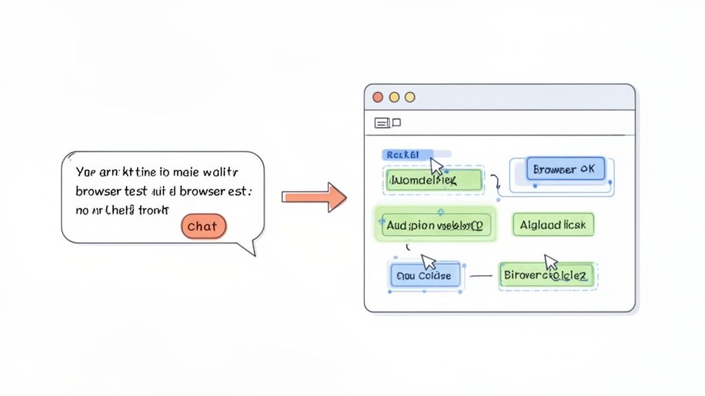 A diagram illustrating a chat message with a 'browser test' query and a subsequent browser testing workflow in a UI window.