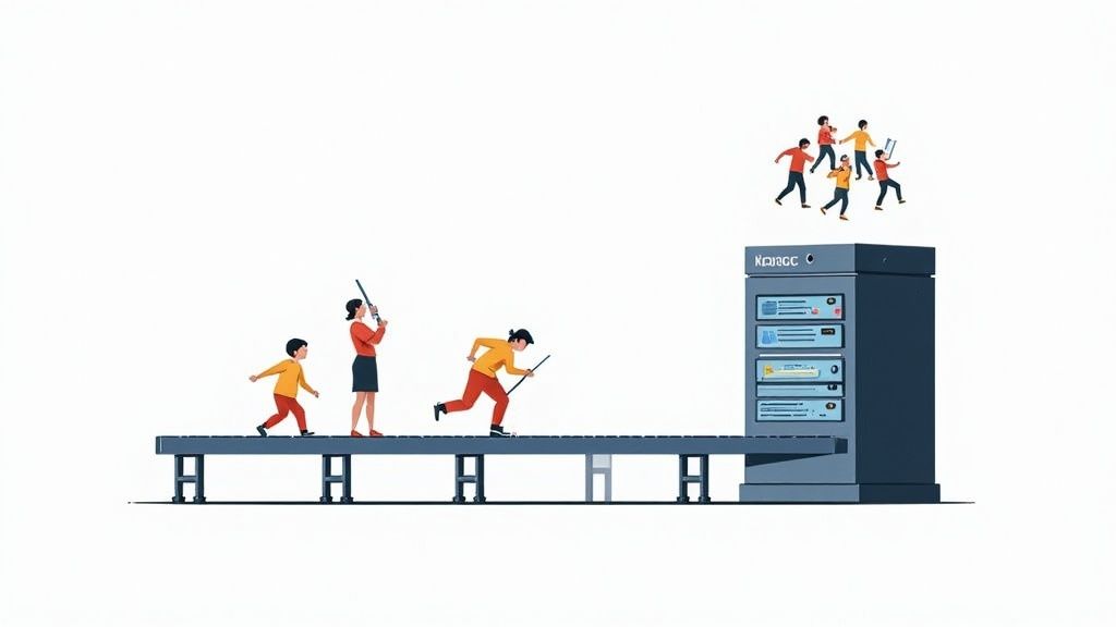 A cartoon showing people on a conveyor belt heading towards a large server, with a successful team floating above.