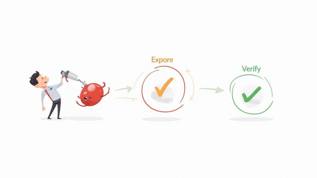 A cartoon illustration depicting a testing process from initial exploration to verification with checkmarks.