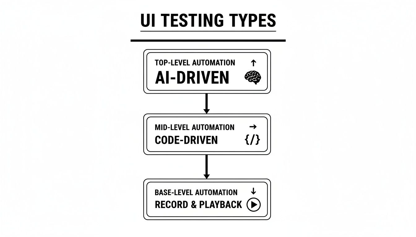 A flowchart showing three UI testing automation types: AI-driven, code-driven, and record & playback.