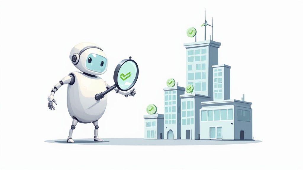 A white robot uses a magnifying glass to inspect buildings marked with green checkmarks.