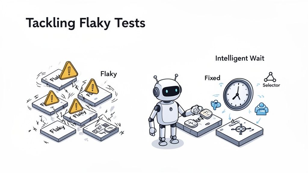 A diagram contrasting chaotic, flaky software tests with a robot implementing intelligent wait and selection for fixed tests.