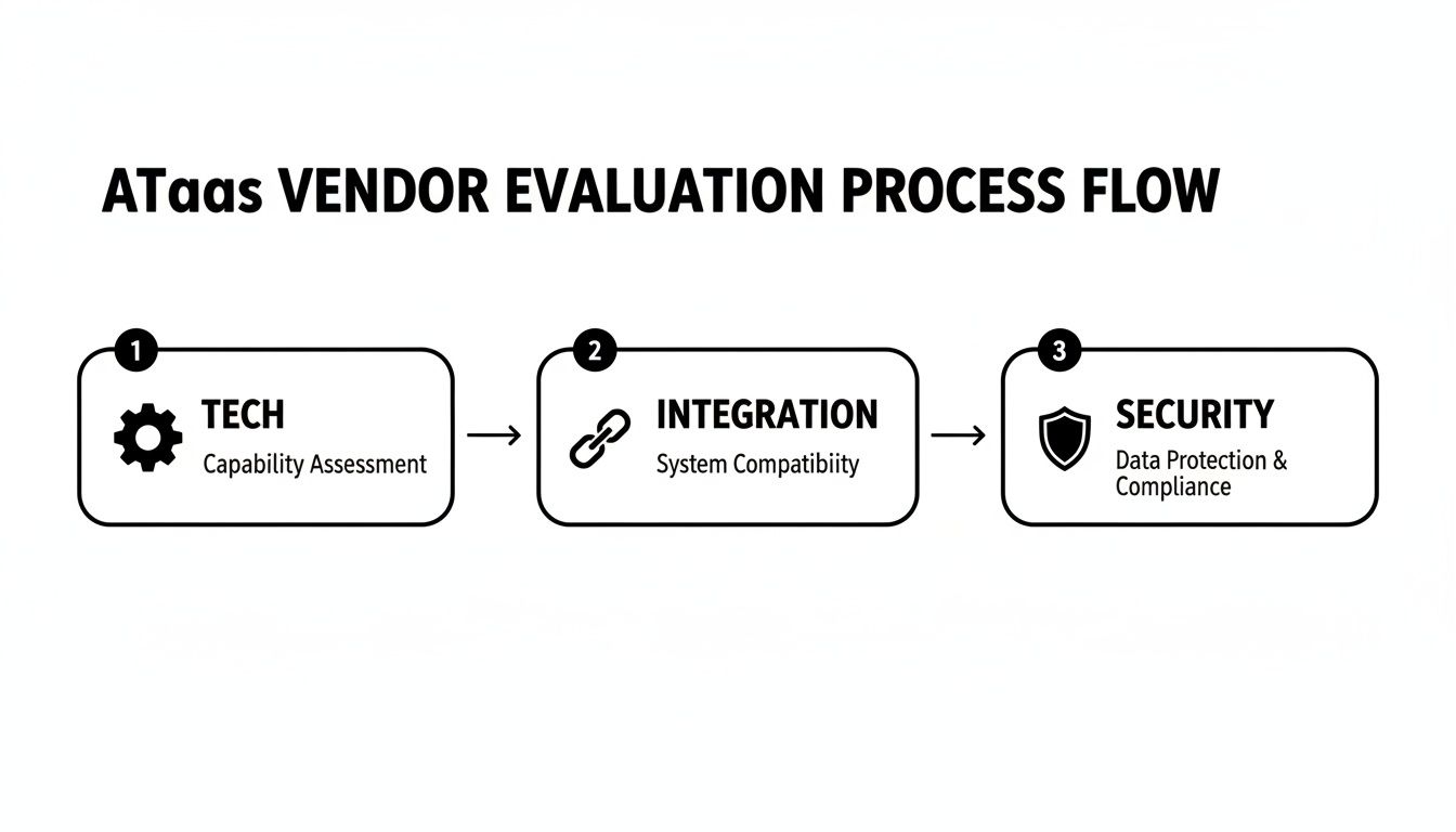 ATaas vendor evaluation process flow diagram illustrating steps for tech, integration, and security assessment.
