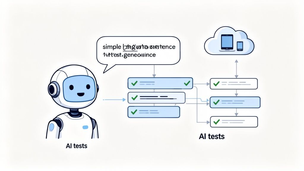 An AI robot processes natural language for testing, visualizing an automated workflow to cloud devices.