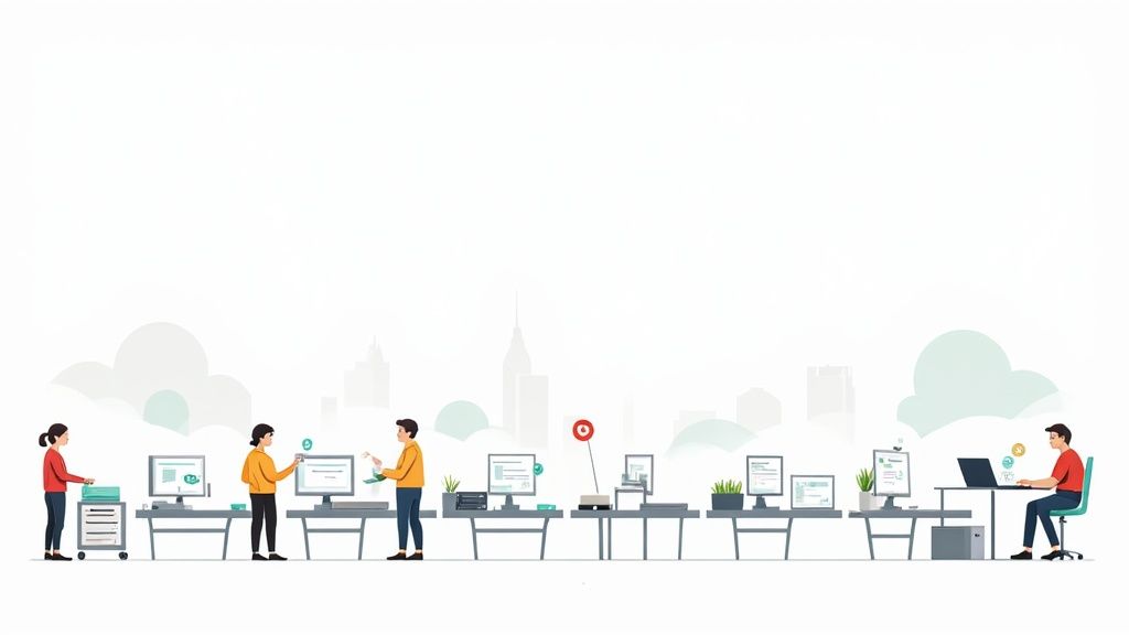 Illustration of a team performing tasks in a digital office environment with computers.