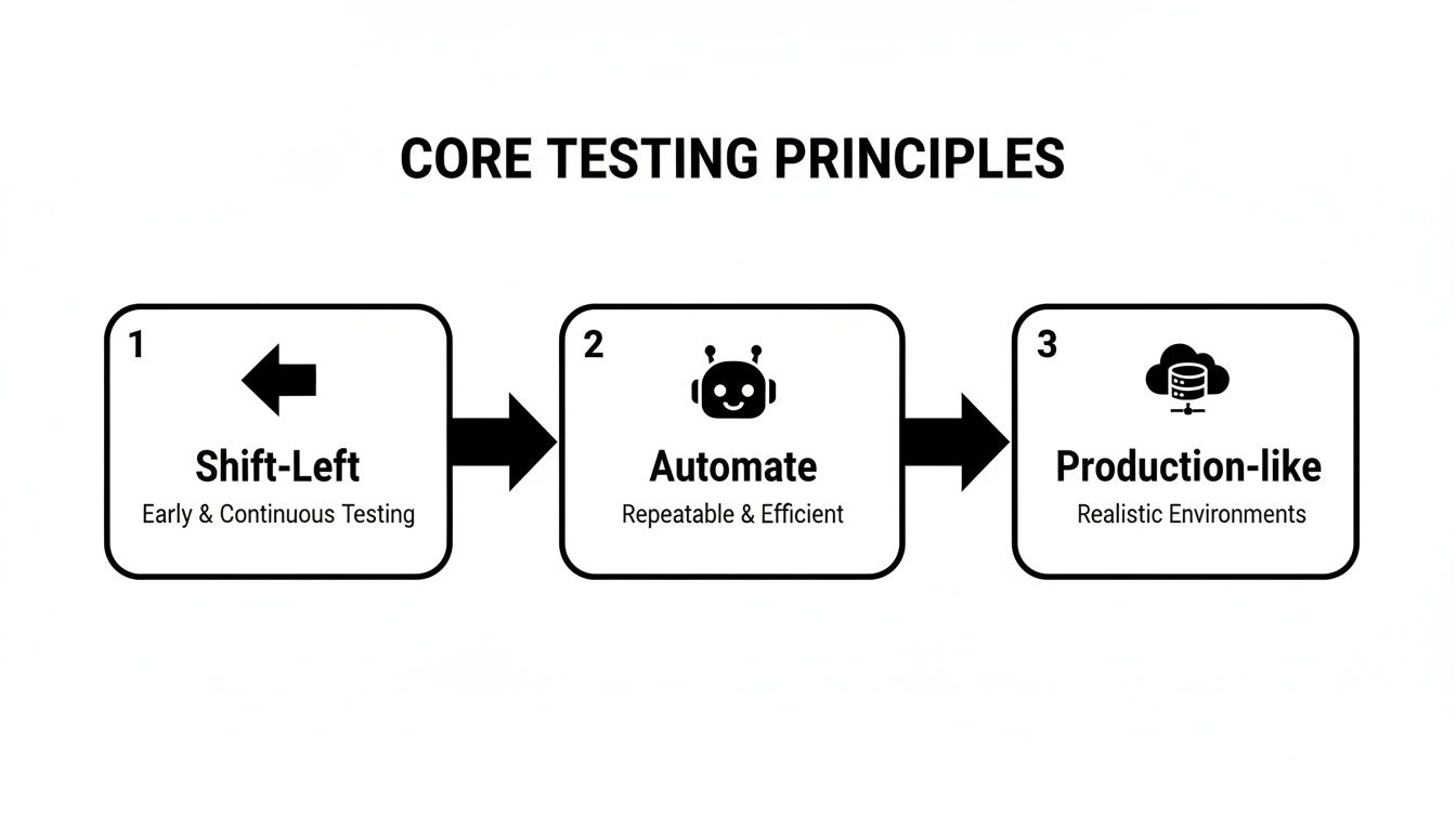 Three core testing principles: Shift-Left, Automate, and Production-like for software quality.