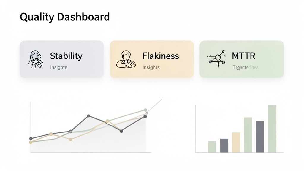 A Quality Dashboard showing key performance indicators for stability, flakiness, and MTTR with data charts.