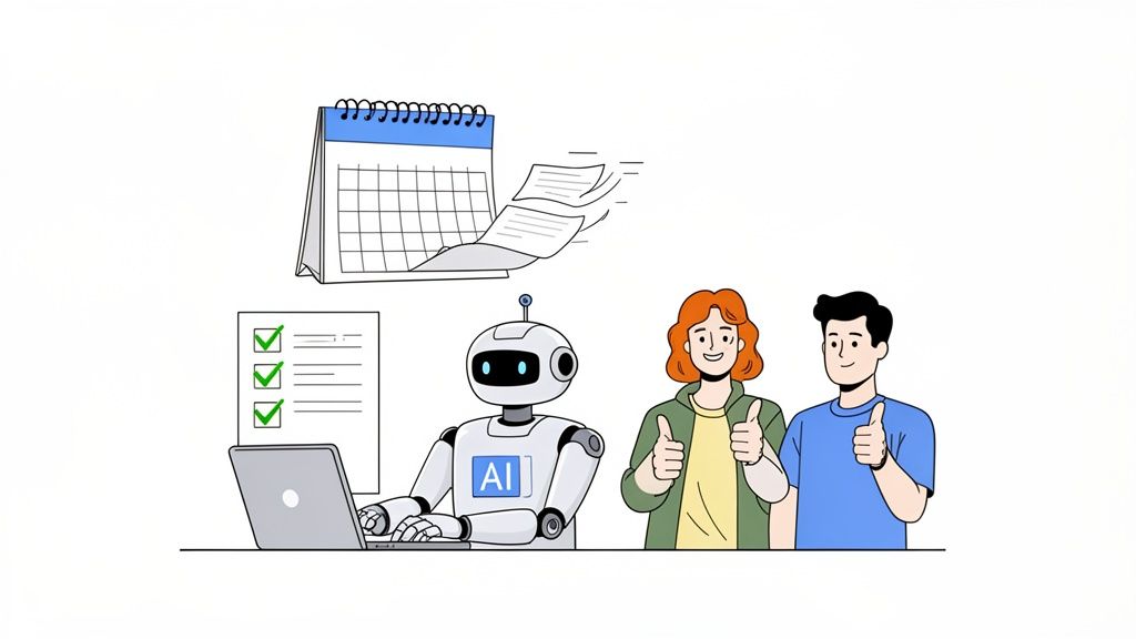 AI robot with laptop and checklist, two smiling people giving thumbs up, symbolizing automated efficiency.