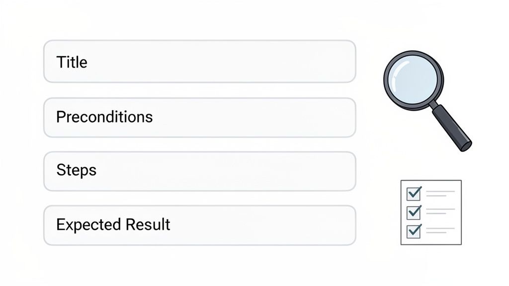 Illustration of test case components including Title, Preconditions, Steps, and Expected Result, with a magnifying glass and checklist.