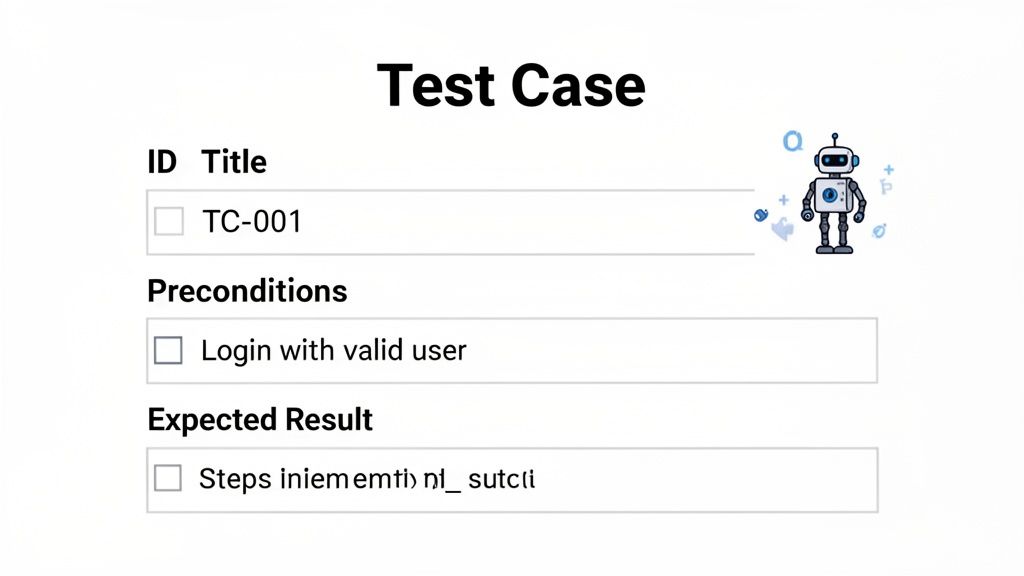 A test case document displaying sections for ID, Title, Preconditions, and Expected Result, with a robot icon.