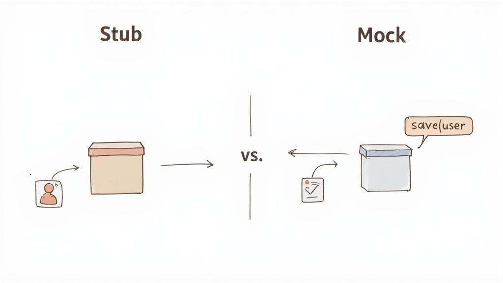 A diagram illustrating the difference between a stub and a mock in software testing with conceptual icons.