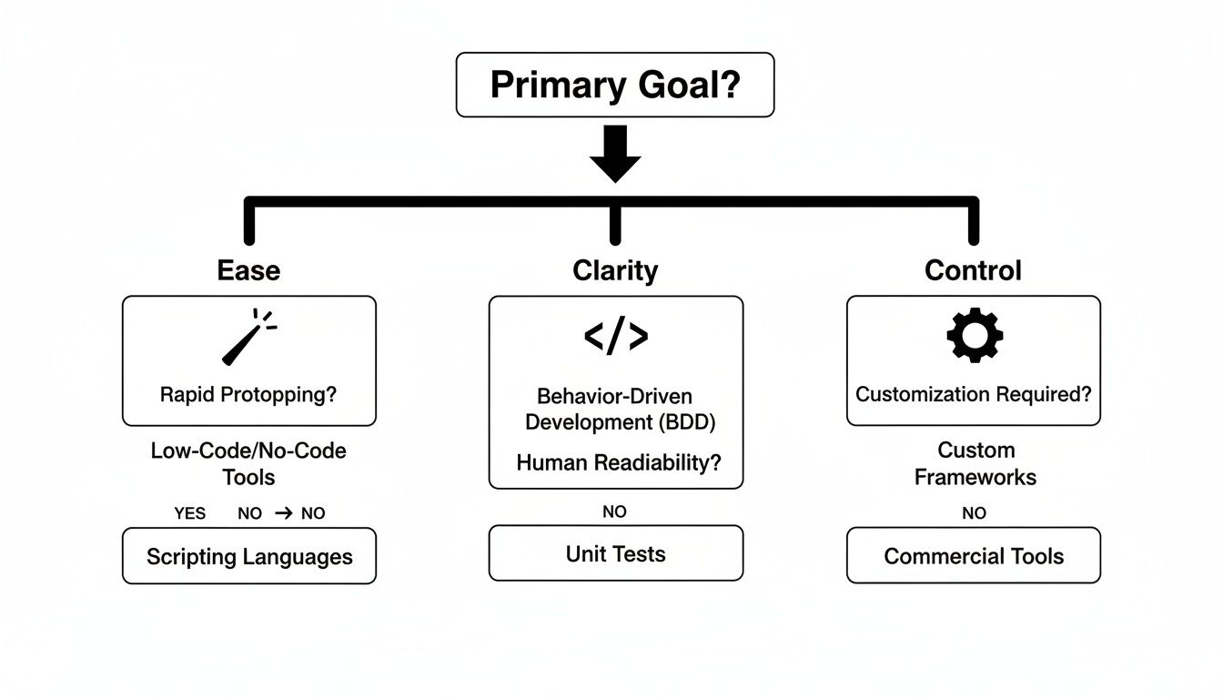 Flowchart guiding software development tool and approach selection based on primary goals: ease, clarity, or control.