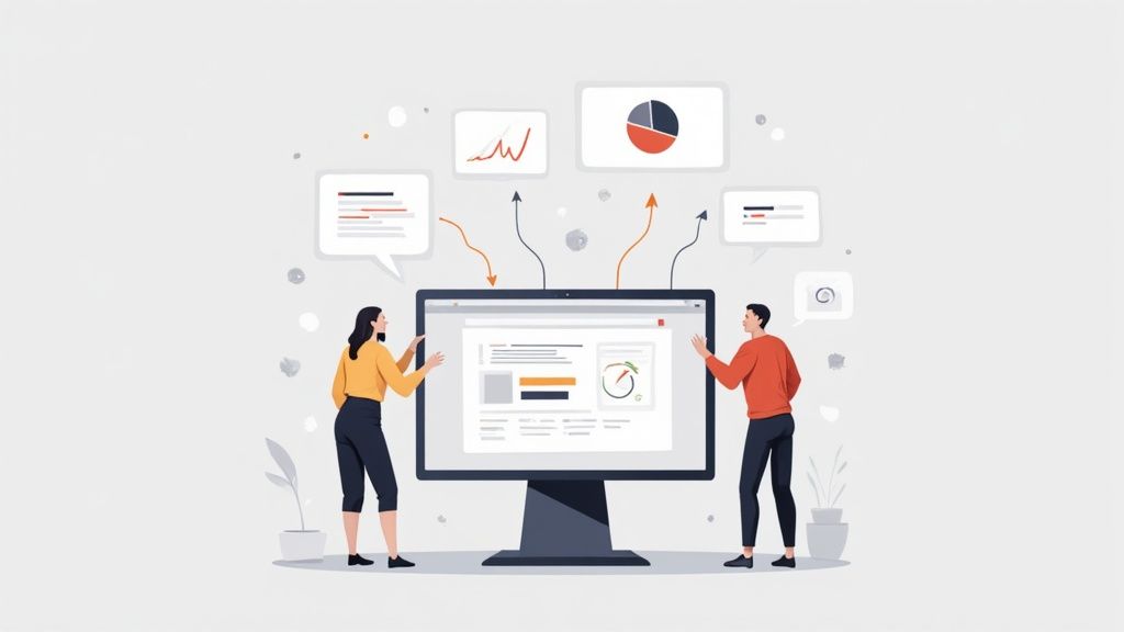 Two people collaboratively analyze data and charts on a large computer monitor, showing website performance.