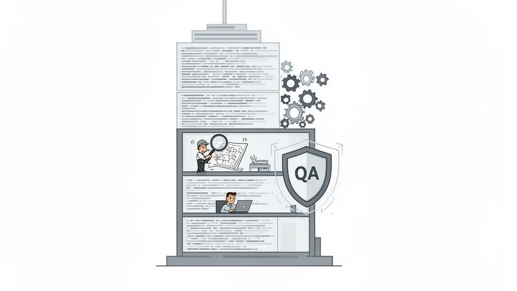 A building illustrating software development with Quality Assurance (QA) process, inspector, and developer.