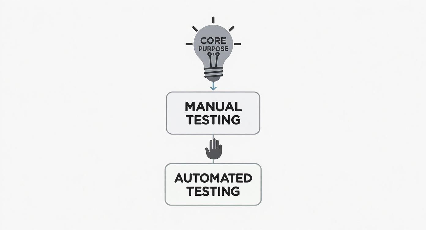 Flow diagram showing progression from core purpose through manual testing to automated testing stages