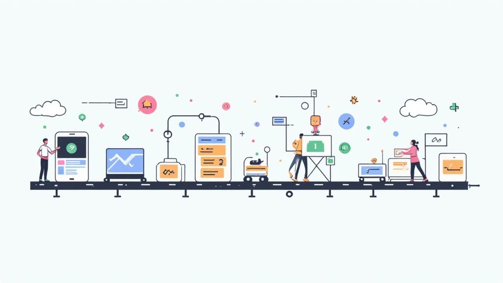 Digital assembly line illustrating software development and automated testing workflow with mobile devices and analytics