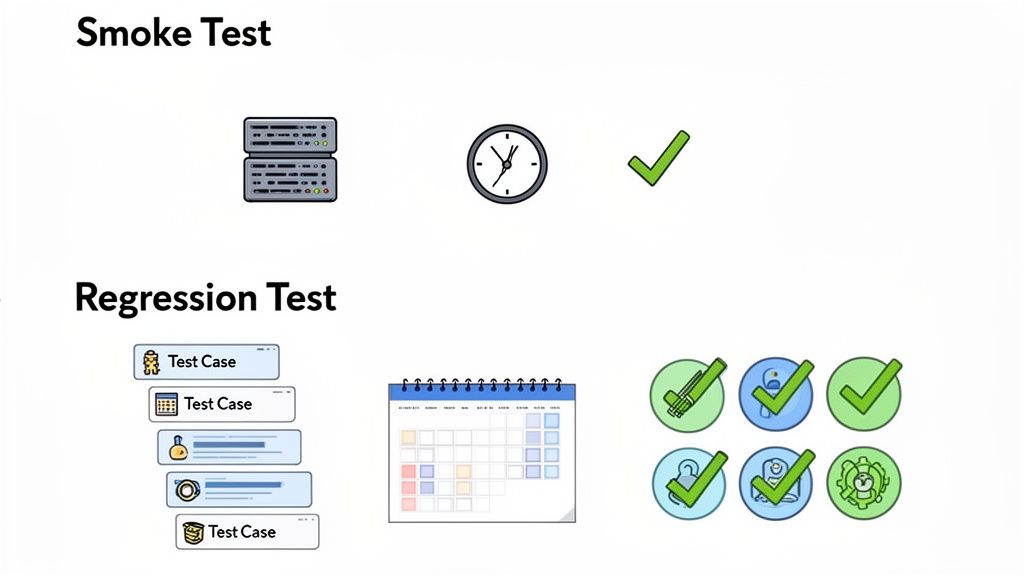 An infographic comparing Smoke Test and Regression Test with icons for servers, a clock, test cases, and checkmarks.
