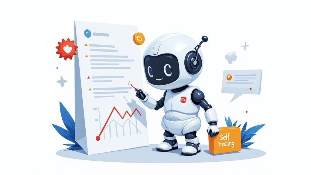 A friendly white robot explains automation benefits on a whiteboard showing growth and self-healing.