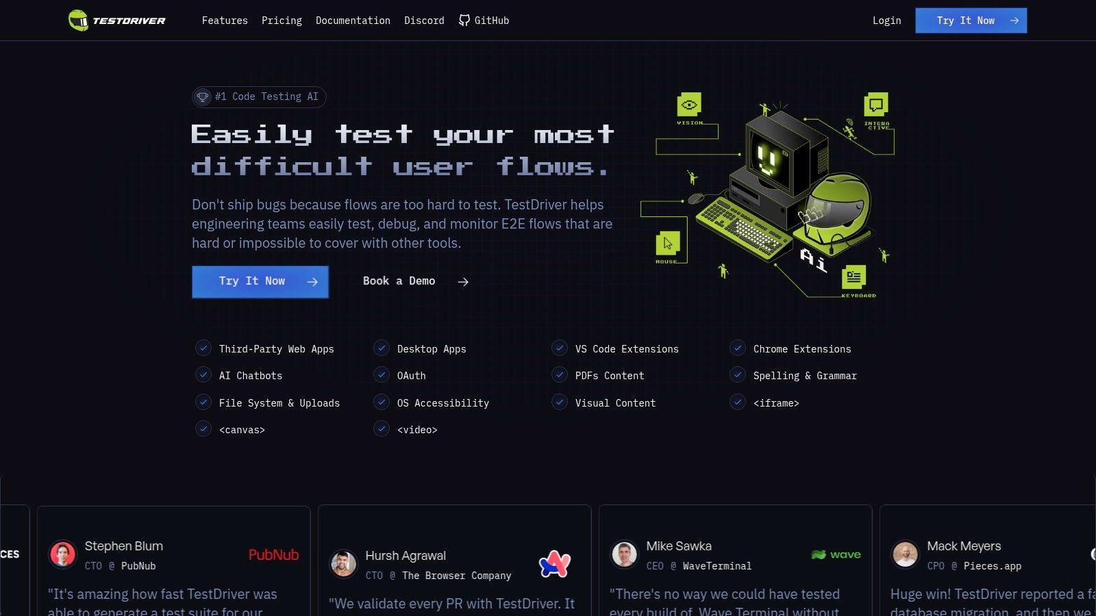 TestDriver AI-powered test creation interface showing a plain-English prompt being converted into a test script.