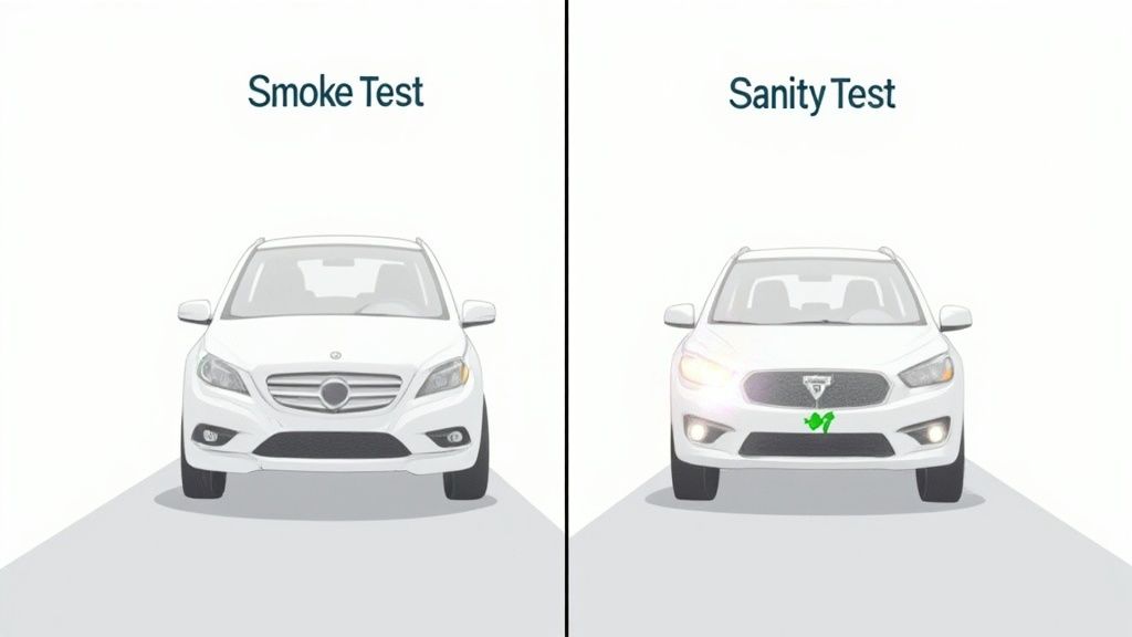 Two white cars illustrate 'Smoke Test' (lights off) and 'Sanity Test' (lights on, green checkmark).