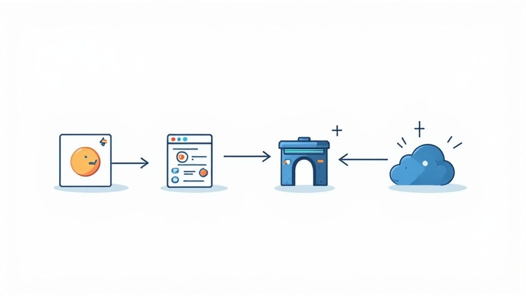Diagram illustrating a software development or testing workflow with four distinct stages and interactions.