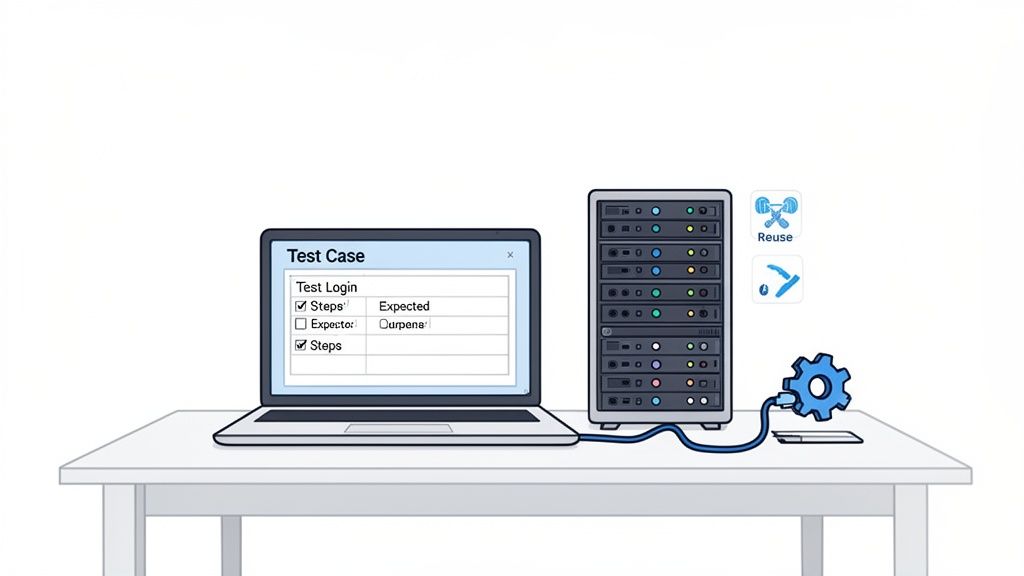 A software testing setup showing a laptop with a 'Test Case' window, a server rack, and a gear icon connected by a cable.