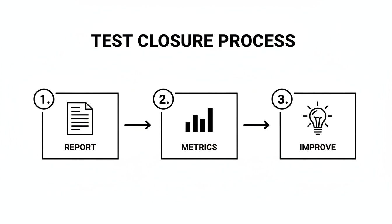 A diagram illustrating the Test Closure Process with three steps: Report, Metrics, and Improve.