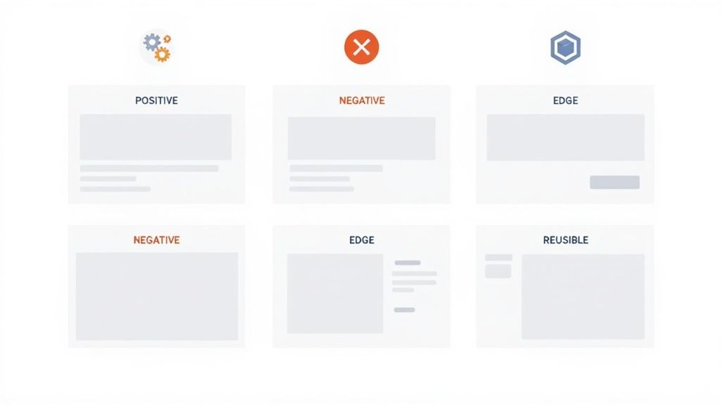 A diagram categorizing software testing scenarios: positive, negative, edge, and reusable cases with icons.