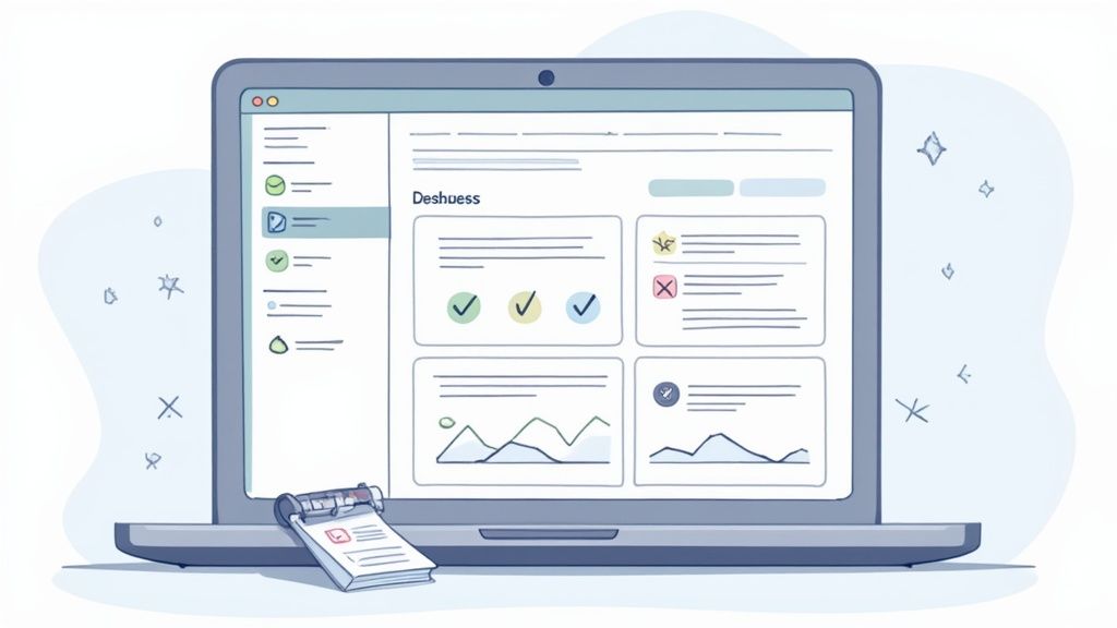 A blue illustration of a laptop displaying a software dashboard with task lists, data graphs, and a notepad.