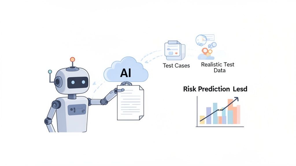 An AI robot generating test cases and realistic test data, illustrating risk prediction in software testing.