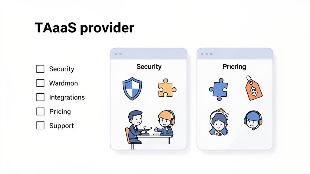 Illustration of TAaaS provider features checklist including security, pricing, integrations, and support.