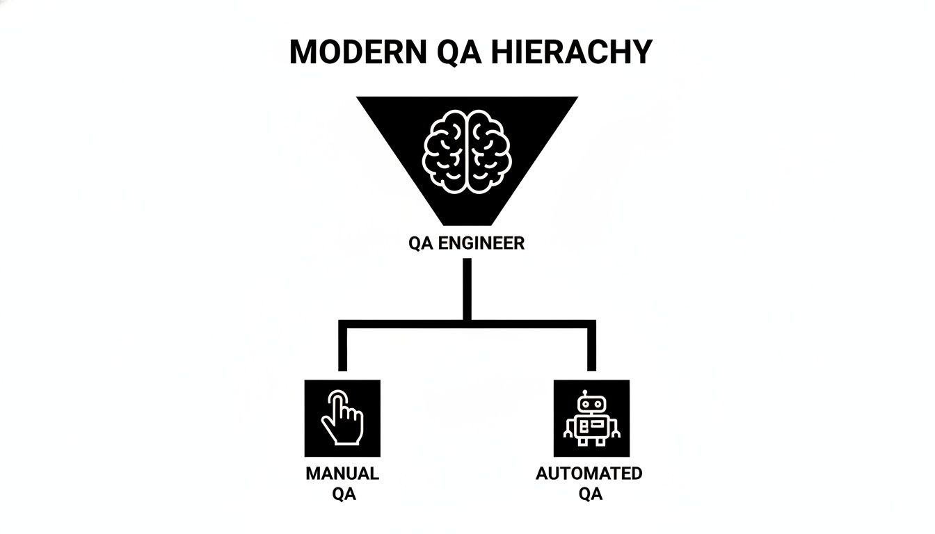 A diagram illustrating the modern QA hierarchy with QA Engineer at the top, leading to Manual QA and Automated QA.