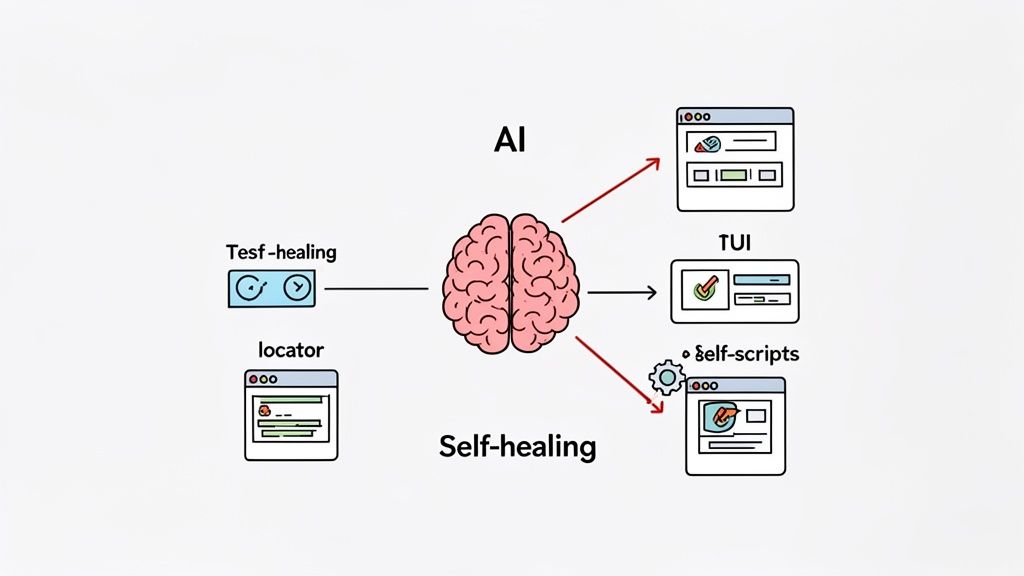 AI brain diagram illustrating self-healing test automation by connecting locators, TUI, and self-scripts.