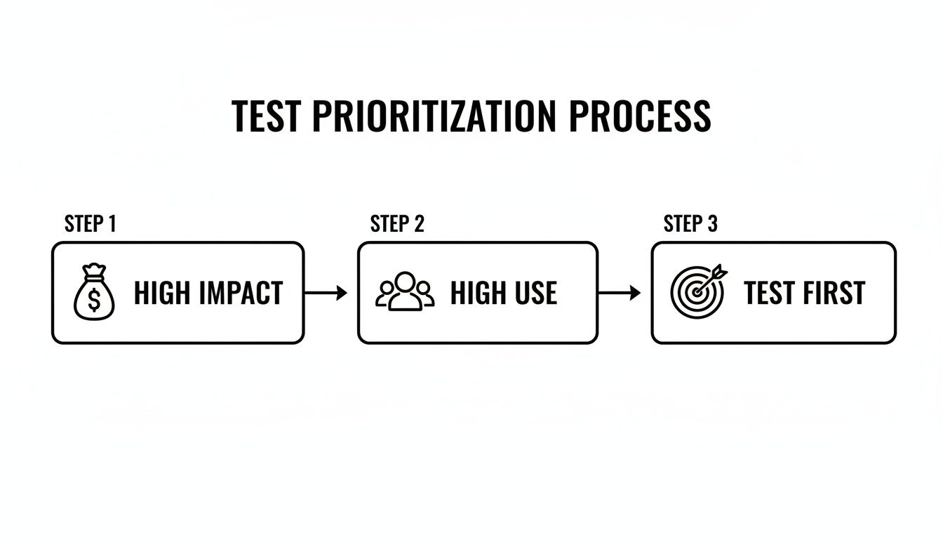 Diagram illustrating a three-step test prioritization process: High Impact, High Use, and Test First.