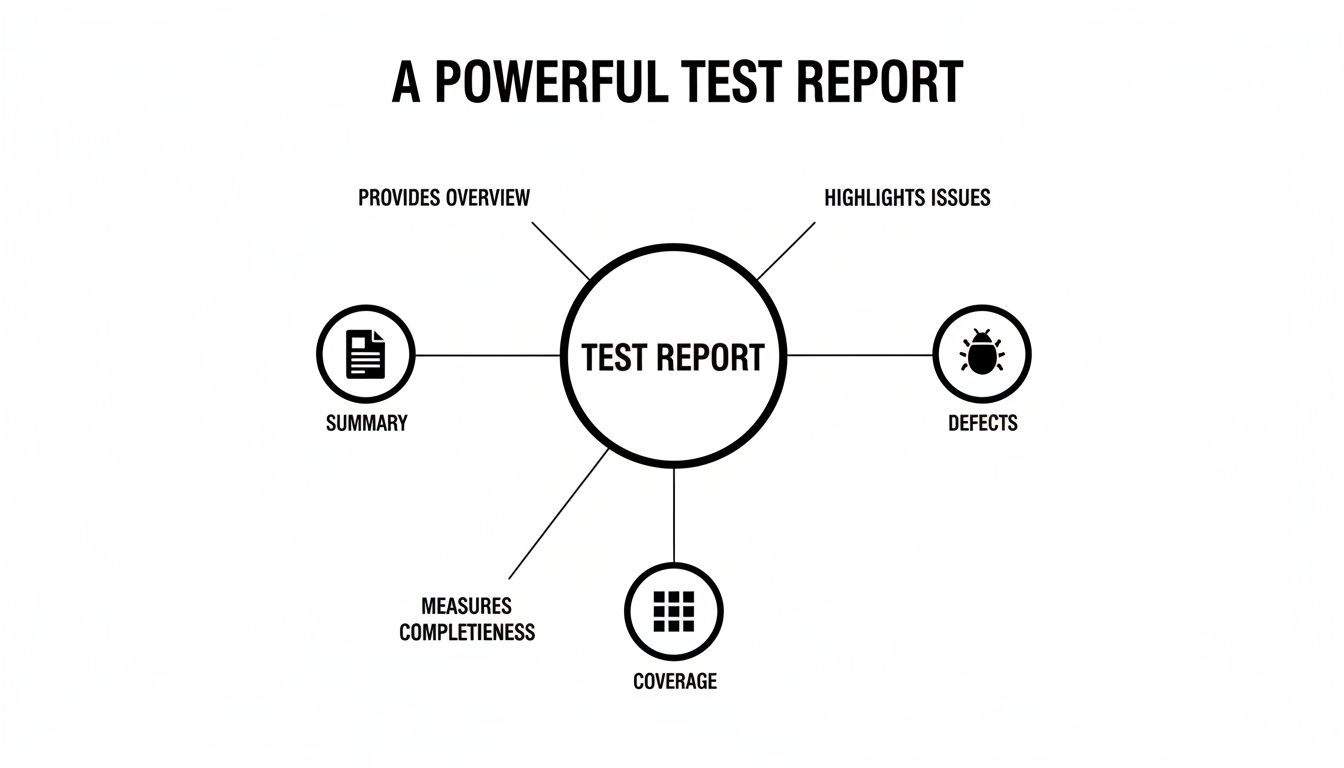 A diagram illustrating the key components of a powerful test report: summary, defects, and coverage.