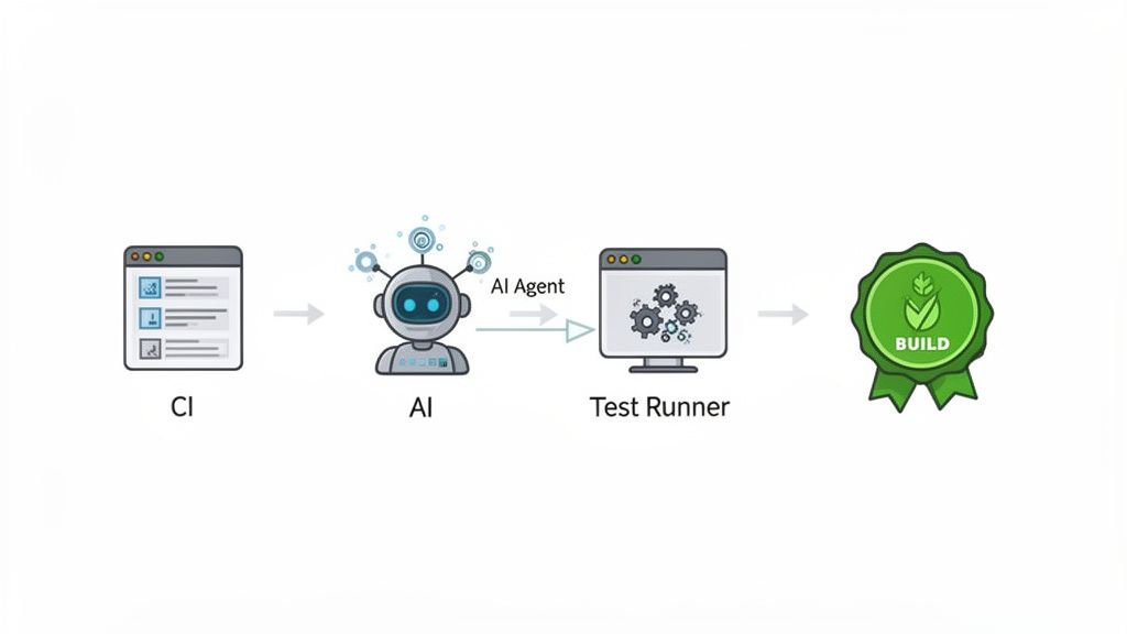 Software development pipeline diagram showing CI, AI Agent, Test Runner, leading to a green 'BUILD' badge.