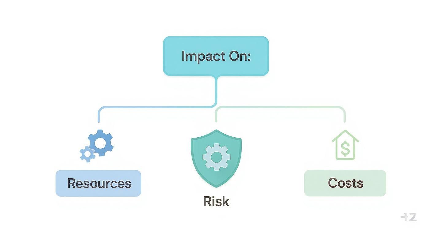 Infographic decision tree showing how a testing strategy and test plan impact resources, risk, and costs.