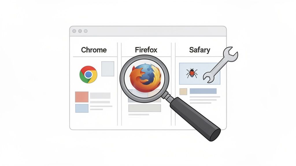 Illustration depicting the process of testing a website across different browsers like Chrome, Firefox, and Safari.