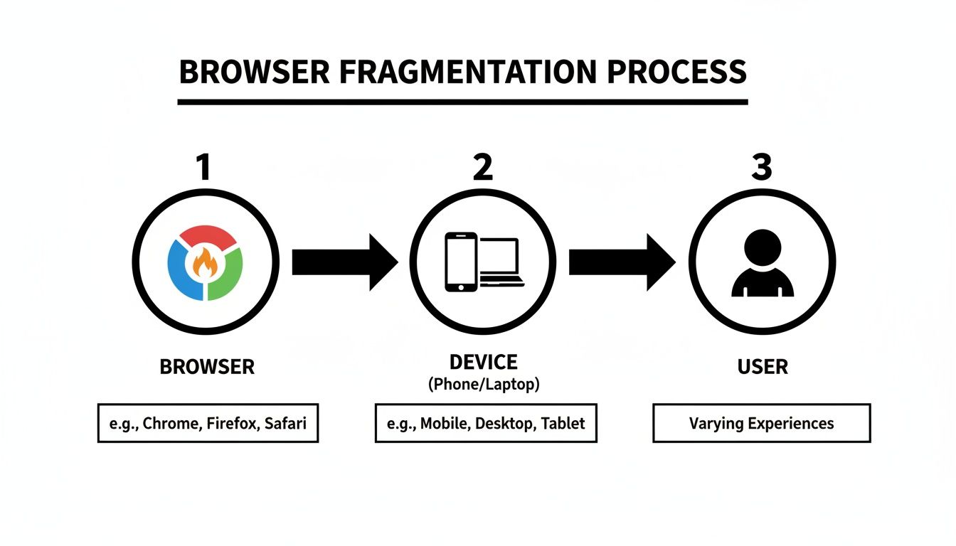 Diagram illustrating the browser fragmentation process from browser type to device to user experience.