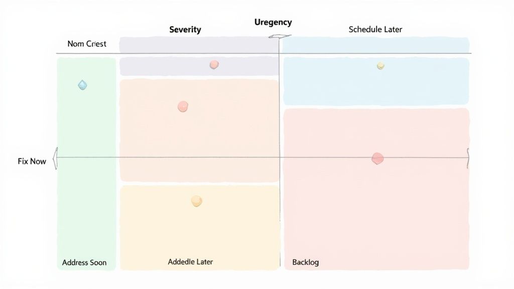 A 2x2 matrix showing Severity on one axis and Urgency on the other, with labels like Fix Now and Backlog in the quadrants.