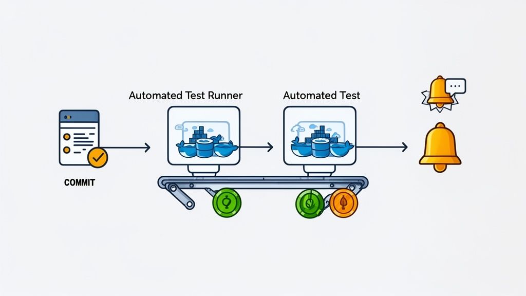 An illustration of an automated testing pipeline, from code commit to test execution and notifications.
