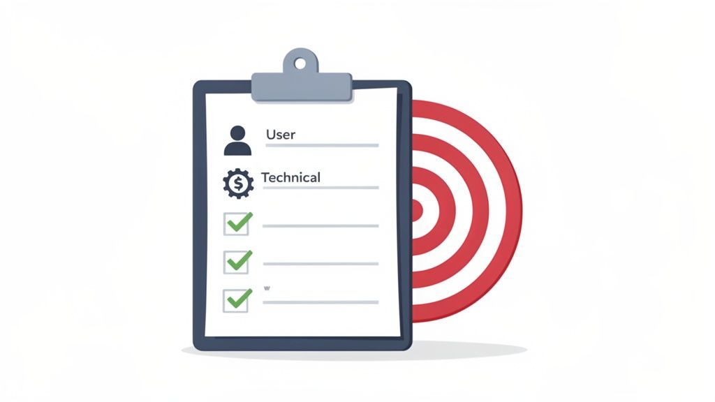 A clipboard displaying a checklist with 'User' and 'Technical' tasks, three checked off, beside a red target.